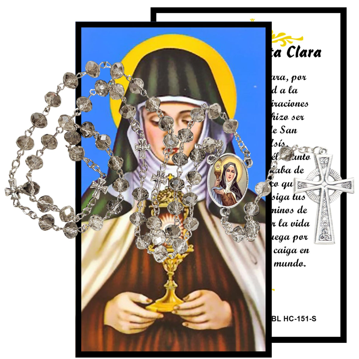 Santa Clara de Asis Patrona de las Modistas Las Bordadoras y los Pobres Rosario artesanal de cristal de cuarzo ahumado con crucifijo bañado en plata y centro con imagen a color – crucifijos por Padre Nuestros y postal de rezo EN ESPANOL