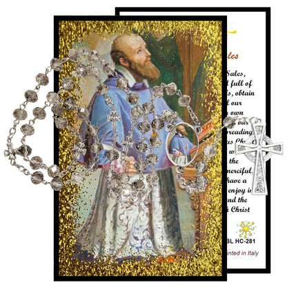 Saint Francis of Sales Patron of the Deaf Handcrafted Smoke Quartz Crystal Rosary with Silver‑Plated Crucifix and Color Image Centerpiece – Cross Pater Nosters and Prayer Card Included