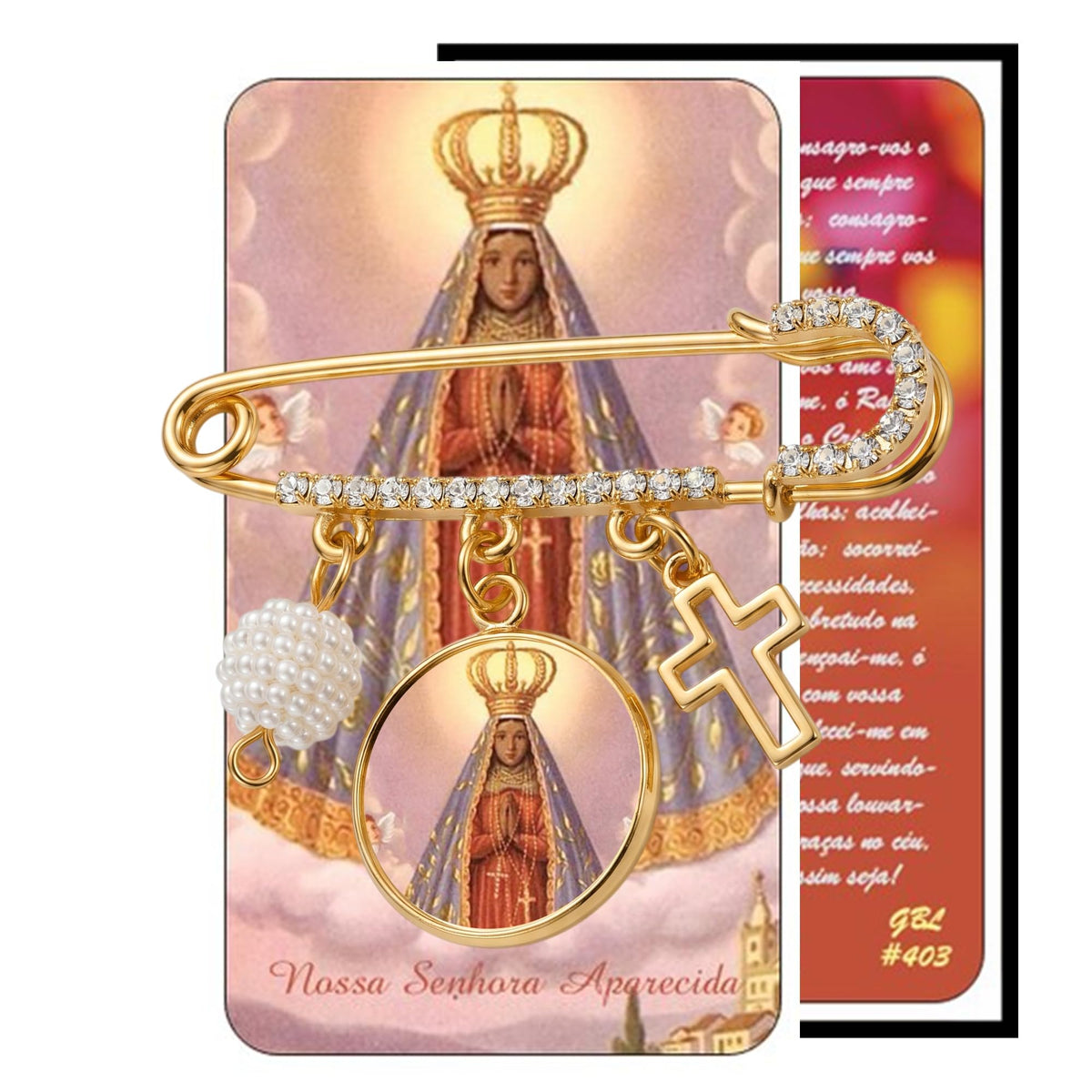 Nossa Senhora Aparecida Gold-Tone Saint Medal Safety Pin Brooch with Cross Charm, Pearl Accent & Crystal Details – Religious Faith Pin for Baptism, Christening, First Communion, Everyday Wear