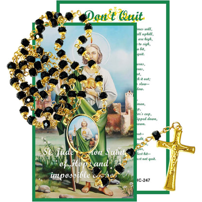 Saint Jude Thaddeus Patron of Hopeless Causes Handcrafted rosary jet black quartz capped beads gold plated findings, crucifix, medal centerpiece with color image and a prayer card