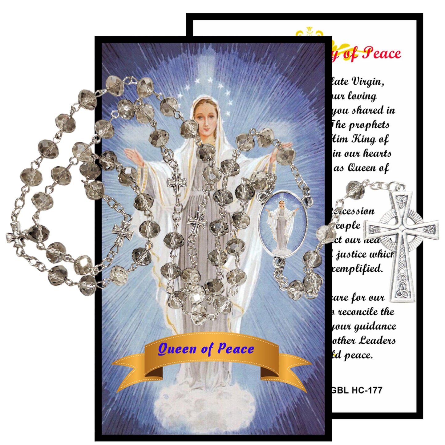 Our Lady Queen of Peace Handcrafted Smoke Quartz Crystal Rosary with Silver‑Plated Crucifix and Color Image Centerpiece – Cross Pater Nosters and Prayer Card Included