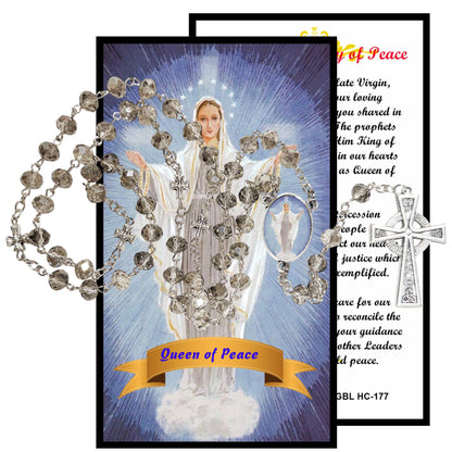 Our Lady Queen of Peace Handcrafted Smoke Quartz Crystal Rosary with Silver‑Plated Crucifix and Color Image Centerpiece – Cross Pater Nosters and Prayer Card Included