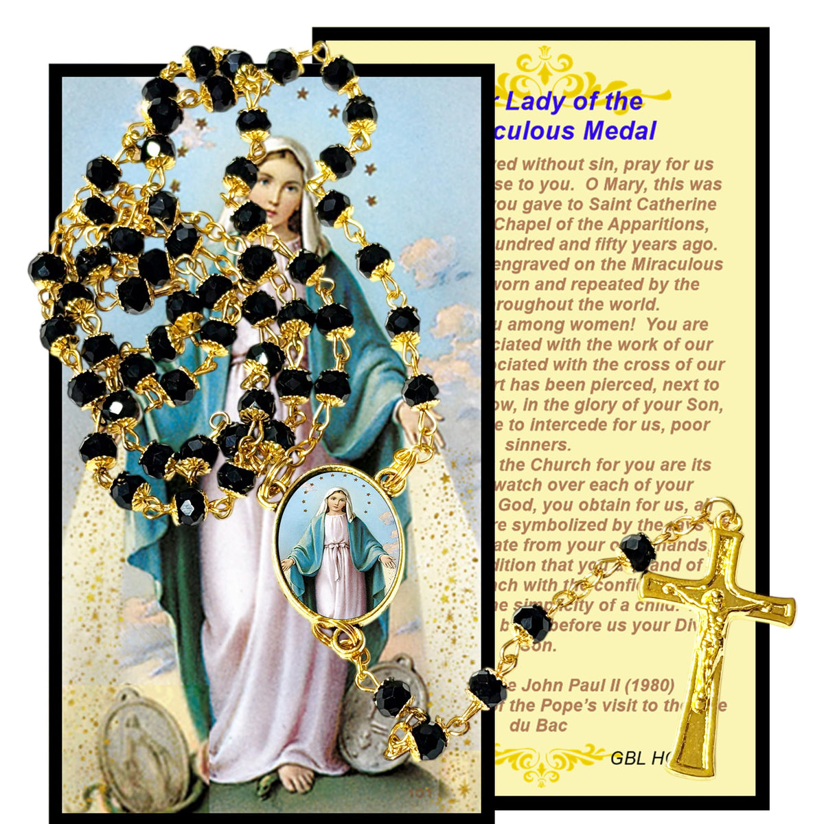Our Lady of The Miraculous Medal Handcrafted rosary jet black quartz capped beads gold plated findings, crucifix, medal centerpiece with color image and a prayer card