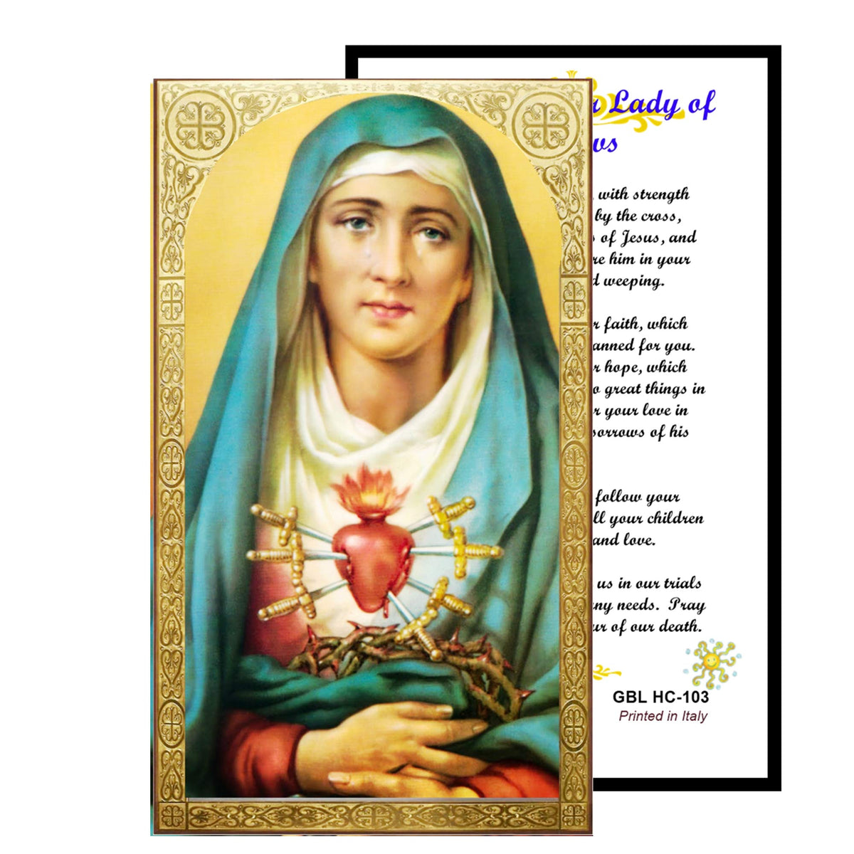 Lady of Sorrows La Dolorosa Handcrafted rosary jet black quartz capped beads gold plated findings, crucifix, medal centerpiece with color image and a prayer card
