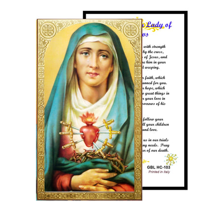 Lady of Sorrows La Dolorosa Handcrafted rosary jet black quartz capped beads gold plated findings, crucifix, medal centerpiece with color image and a prayer card