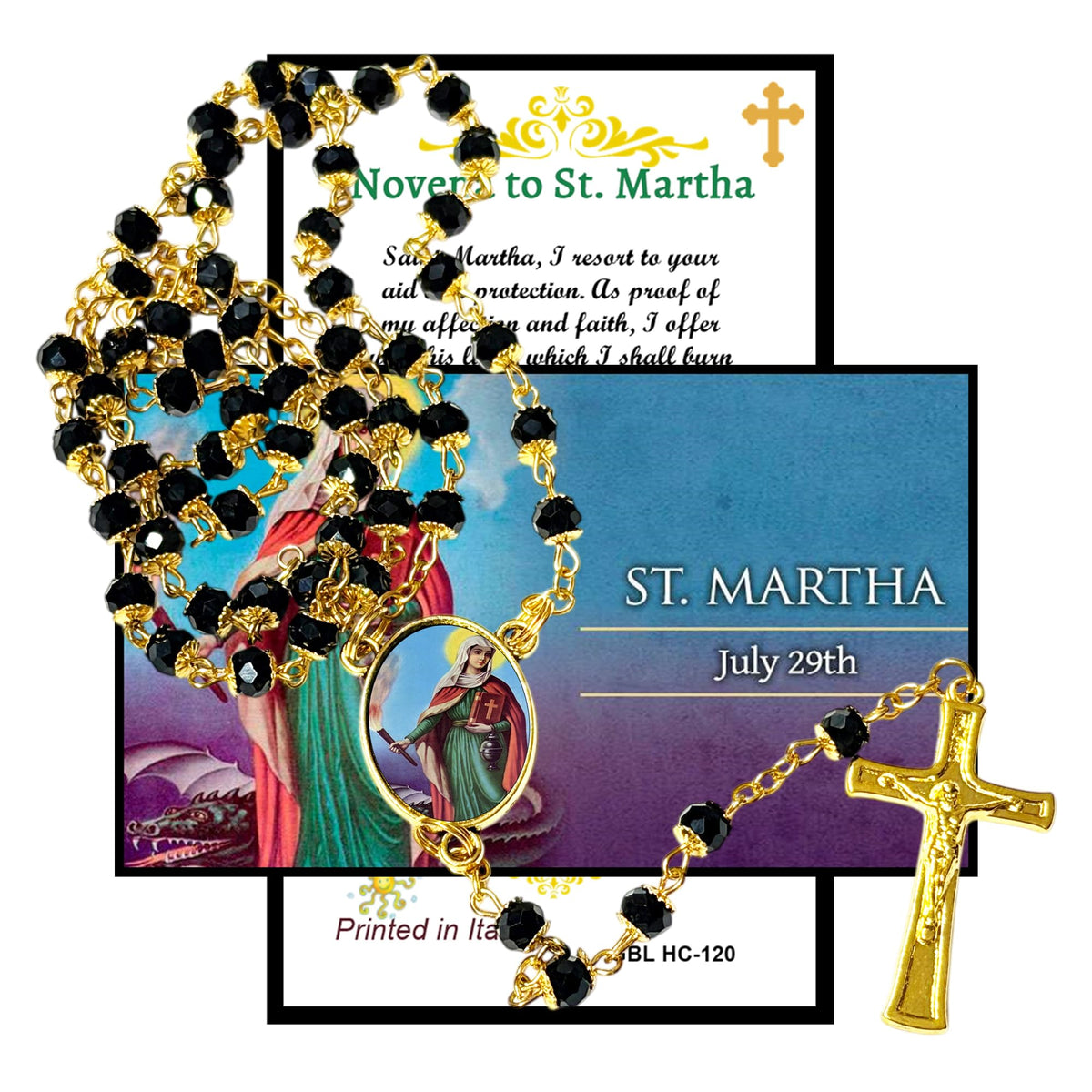 Saint Martha Patron of Servants and Cooks Handcrafted rosary jet black quartz capped beads gold plated findings, crucifix, medal centerpiece with color image and a prayer card