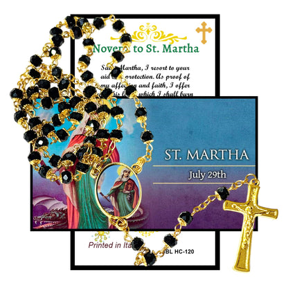 Saint Martha Patron of Servants and Cooks Handcrafted rosary jet black quartz capped beads gold plated findings, crucifix, medal centerpiece with color image and a prayer card