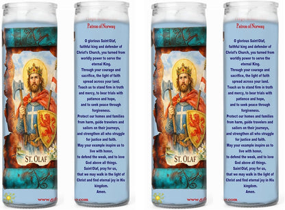 St. Olaf Candle with Prayer on Back | Patron Saint of Norway – Catholic Devotional Pillar Candle for Home Altar, Protection & Daily Prayer - Set of 4 Candles (Free Prayer card)