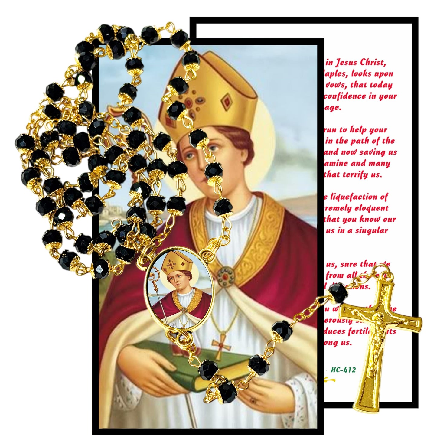 Saint Gennaro Patron of Those with Blood Clots and Blood Disorders Handcrafted rosary jet black quartz capped beads gold plated findings, crucifix, medal centerpiece with color image and a prayer card