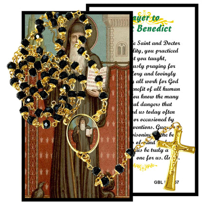 Saint Benedict of Nursia Patron of Europe Handcrafted rosary jet black quartz capped beads gold plated findings, crucifix, medal centerpiece with color image and a prayer card IN ENGLISH