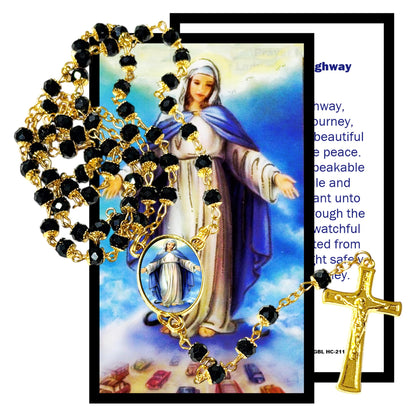 Our Lady of the Highways Patroness of Travelers, Drivers, and Highway Workers Handcrafted rosary jet black quartz capped beads gold plated findings, crucifix, medal centerpiece with color image and a prayer card
