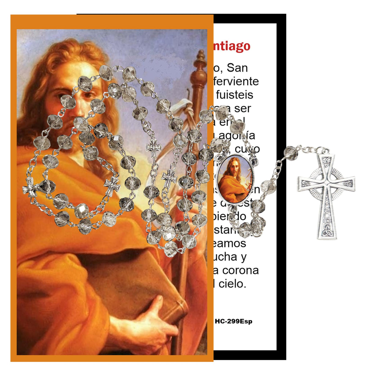 San Santiago Patron de Espana Camino de Santiago Rosario artesanal de cristal de cuarzo ahumado con crucifijo bañado en plata y centro con imagen a color – crucifijos por Padre Nuestros y postal de rezo EN ESPANOL