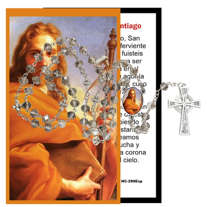 San Santiago Patron de Espana Camino de Santiago Rosario artesanal de cristal de cuarzo ahumado con crucifijo bañado en plata y centro con imagen a color – crucifijos por Padre Nuestros y postal de rezo EN ESPANOL