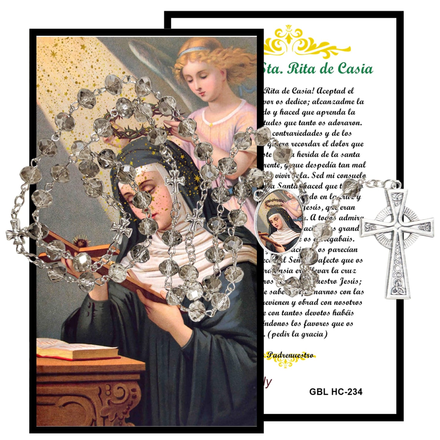 Saint Rita Patron of Abused Women and Difficult Marriages Handcrafted Smoke Quartz Crystal Rosary with Silver‑Plated Crucifix and Color Image Centerpiece Cross Pater Nosters and Prayer Card Included