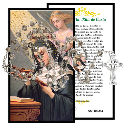 Saint Rita Patron of Abused Women and Difficult Marriages Handcrafted Smoke Quartz Crystal Rosary with Silver‑Plated Crucifix and Color Image Centerpiece Cross Pater Nosters and Prayer Card Included