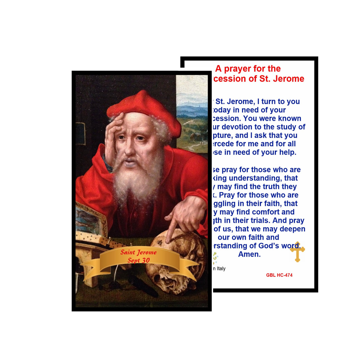 Saint Jerome Patron of librarians, translators, and archaeologists Handcrafted rosary jet black quartz capped beads gold plated findings, crucifix, medal centerpiece with color image and a prayer card