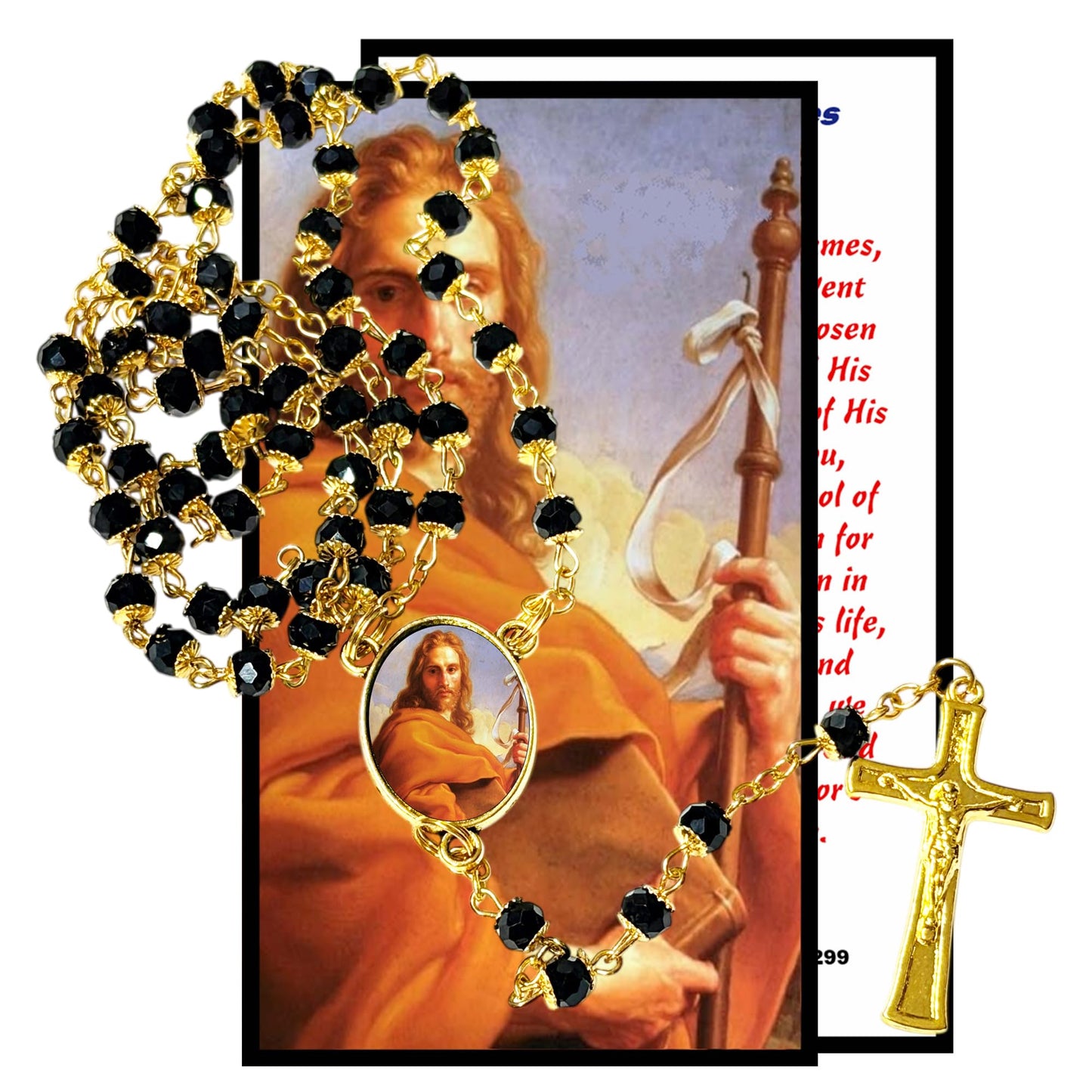 Saint James the Apostle James Way Patron of Spain Handcrafted rosary jet black quartz capped beads gold plated findings, crucifix, medal centerpiece with color image and a prayer card