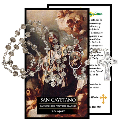 San Cayetano Patron de el Pan y el Trabajo Rosario artesanal de cristal de cuarzo ahumado con crucifijo bañado en plata y centro con imagen a color – crucifijos por Padre Nuestros y postal de rezo EN ESPANOL