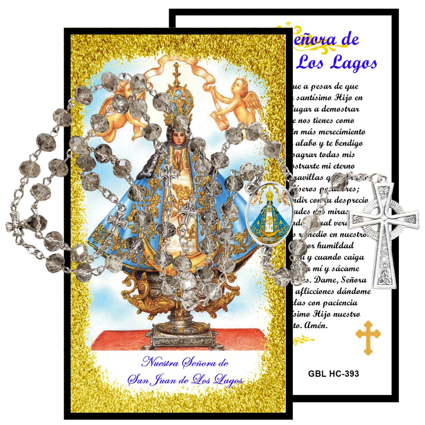 Nuestra Senora de San Juan de Los Lagos Handcrafted Smoke Quartz Crystal Rosary with Silver‑Plated Crucifix and Color Image Centerpiece – Cross Pater Nosters and Prayer Card Included IN SPANISH