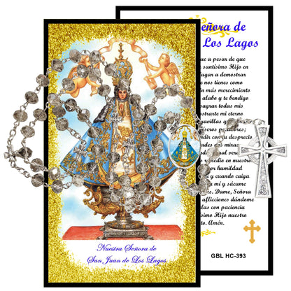 Nuestra Senora de San Juan de Los Lagos Handcrafted Smoke Quartz Crystal Rosary with Silver‑Plated Crucifix and Color Image Centerpiece – Cross Pater Nosters and Prayer Card Included IN SPANISH