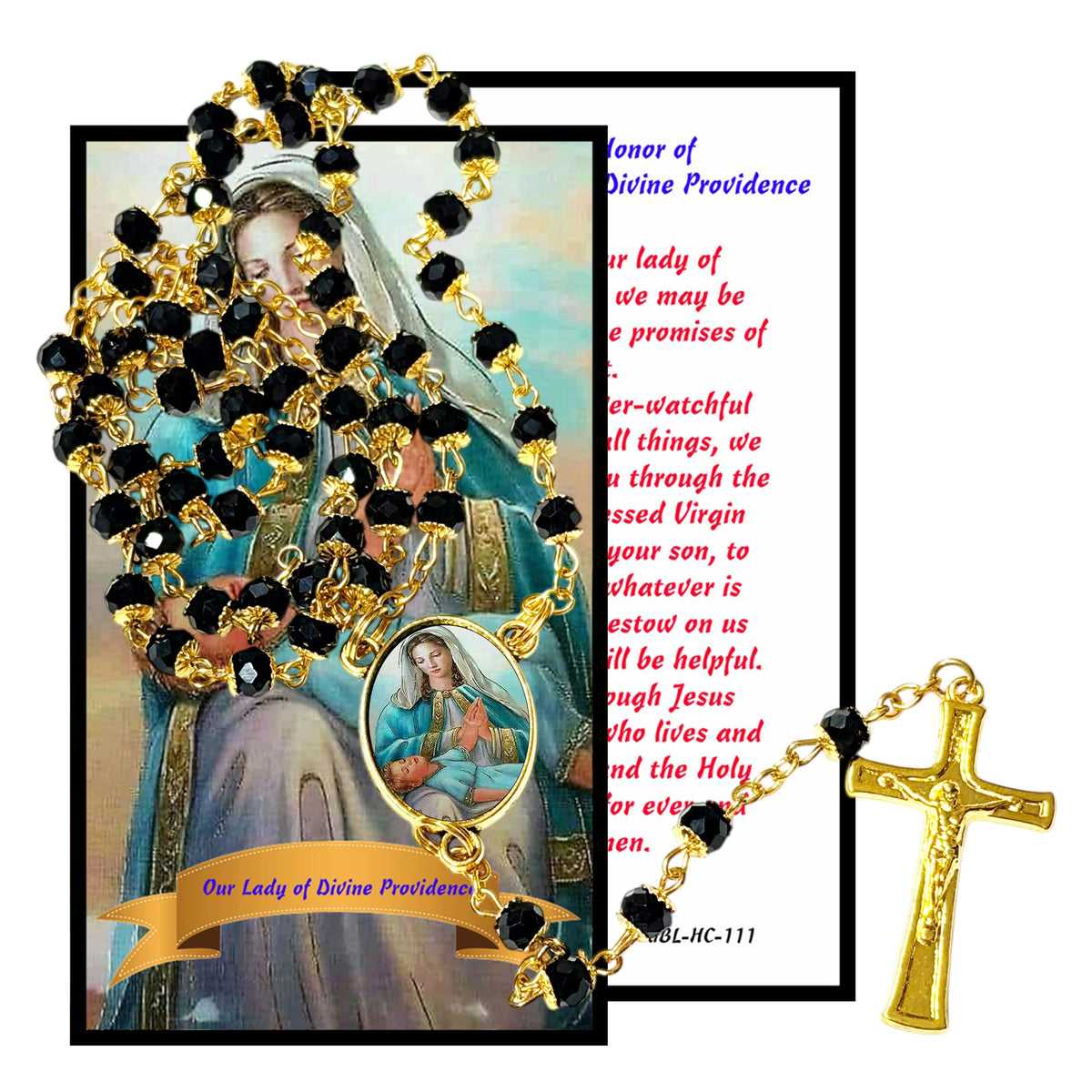 Our Lady of Divine Providence Patron of Puerto Rico Handcrafted rosary jet black quartz capped beads gold plated findings, crucifix, medal centerpiece with color image and a prayer card