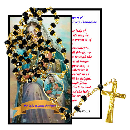 Our Lady of Divine Providence Patron of Puerto Rico Handcrafted rosary jet black quartz capped beads gold plated findings, crucifix, medal centerpiece with color image and a prayer card