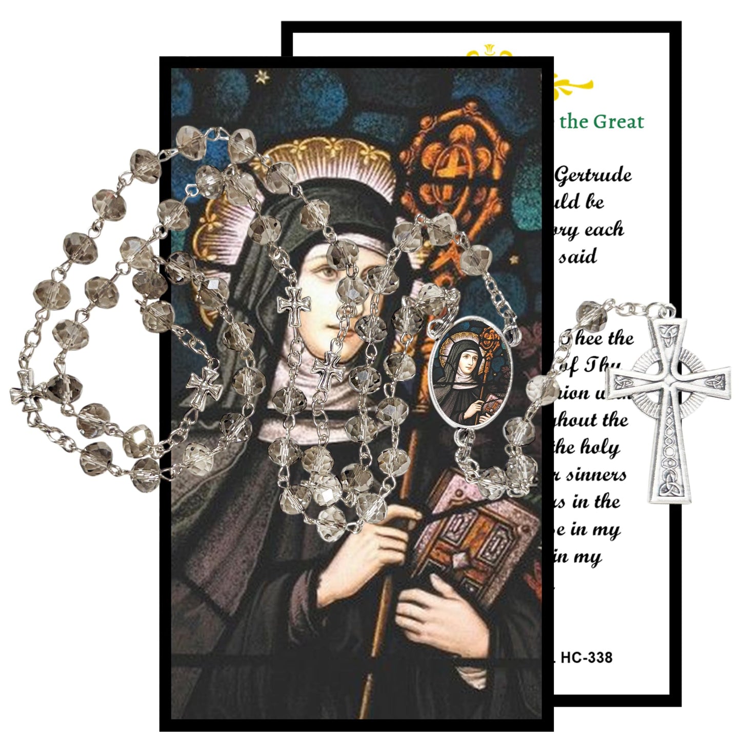 Saint Gertrude Patron of Cats and the Dead Handcrafted Smoke Quartz Crystal Rosary with Silver‑Plated Crucifix and Color Image Centerpiece Cross Pater Nosters and Prayer Card Included