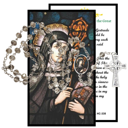 Saint Gertrude Patron of Cats and the Dead Handcrafted Smoke Quartz Crystal Rosary with Silver‑Plated Crucifix and Color Image Centerpiece Cross Pater Nosters and Prayer Card Included