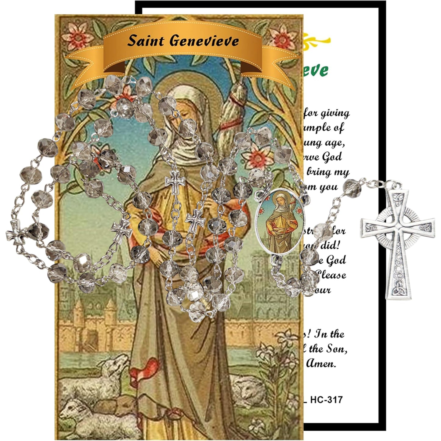 Saint Genevieve Patron of Paris Handcrafted Smoke Quartz Crystal Rosarywith Silver‑Plated Crucifix and Color Image Centerpiece – Cross Pater Nosters and Prayer Card Included