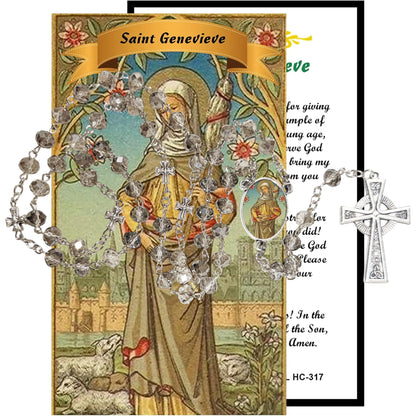 Saint Genevieve Patron of Paris Handcrafted Smoke Quartz Crystal Rosarywith Silver‑Plated Crucifix and Color Image Centerpiece – Cross Pater Nosters and Prayer Card Included