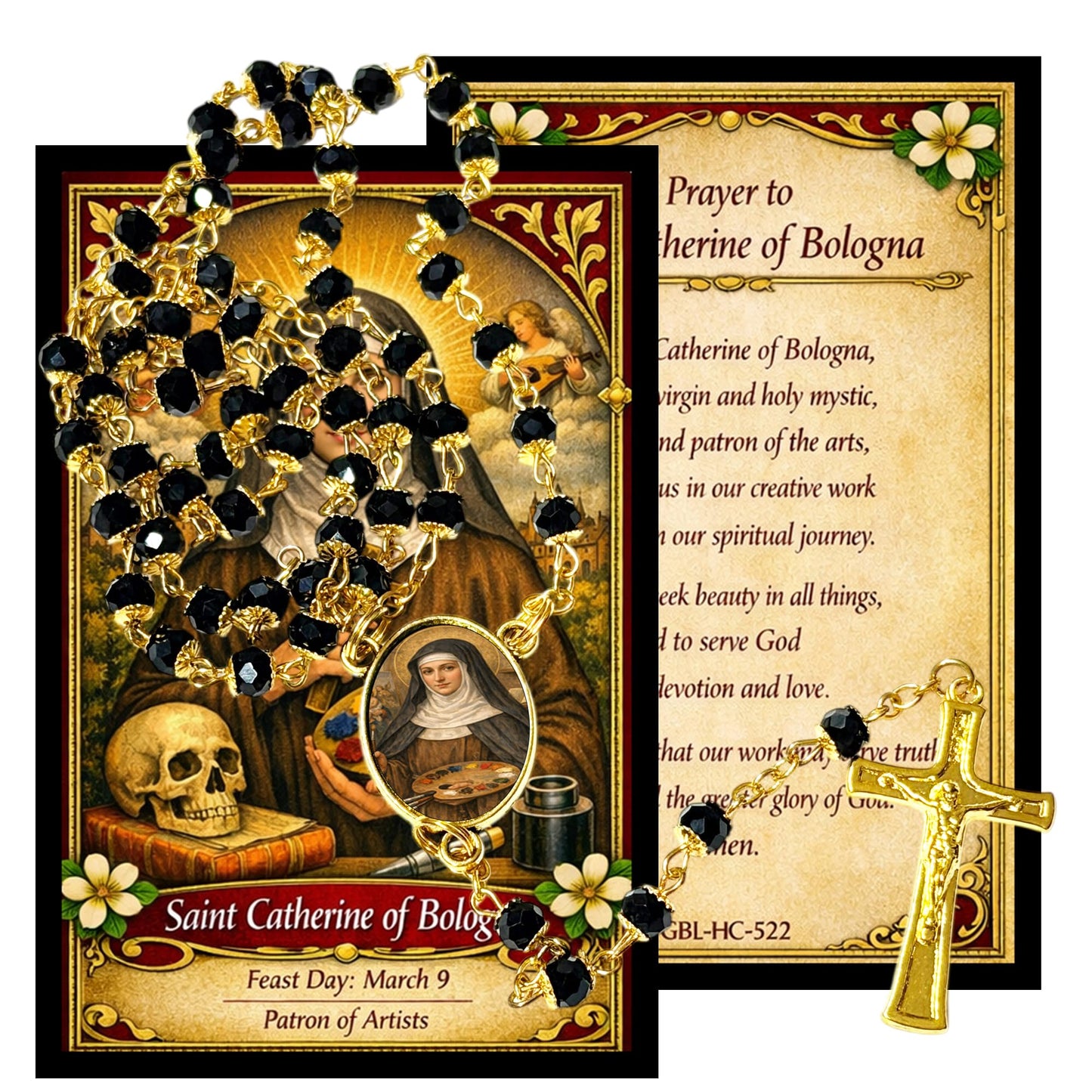 Saint Catherine of Bologna Patron of Artists Handcrafted rosary jet black quartz capped beads gold plated findings, crucifix, medal centerpiece with color image and a prayer card IN ENGLISH