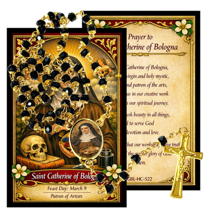 Saint Catherine of Bologna Patron of Artists Handcrafted rosary jet black quartz capped beads gold plated findings, crucifix, medal centerpiece with color image and a prayer card IN ENGLISH