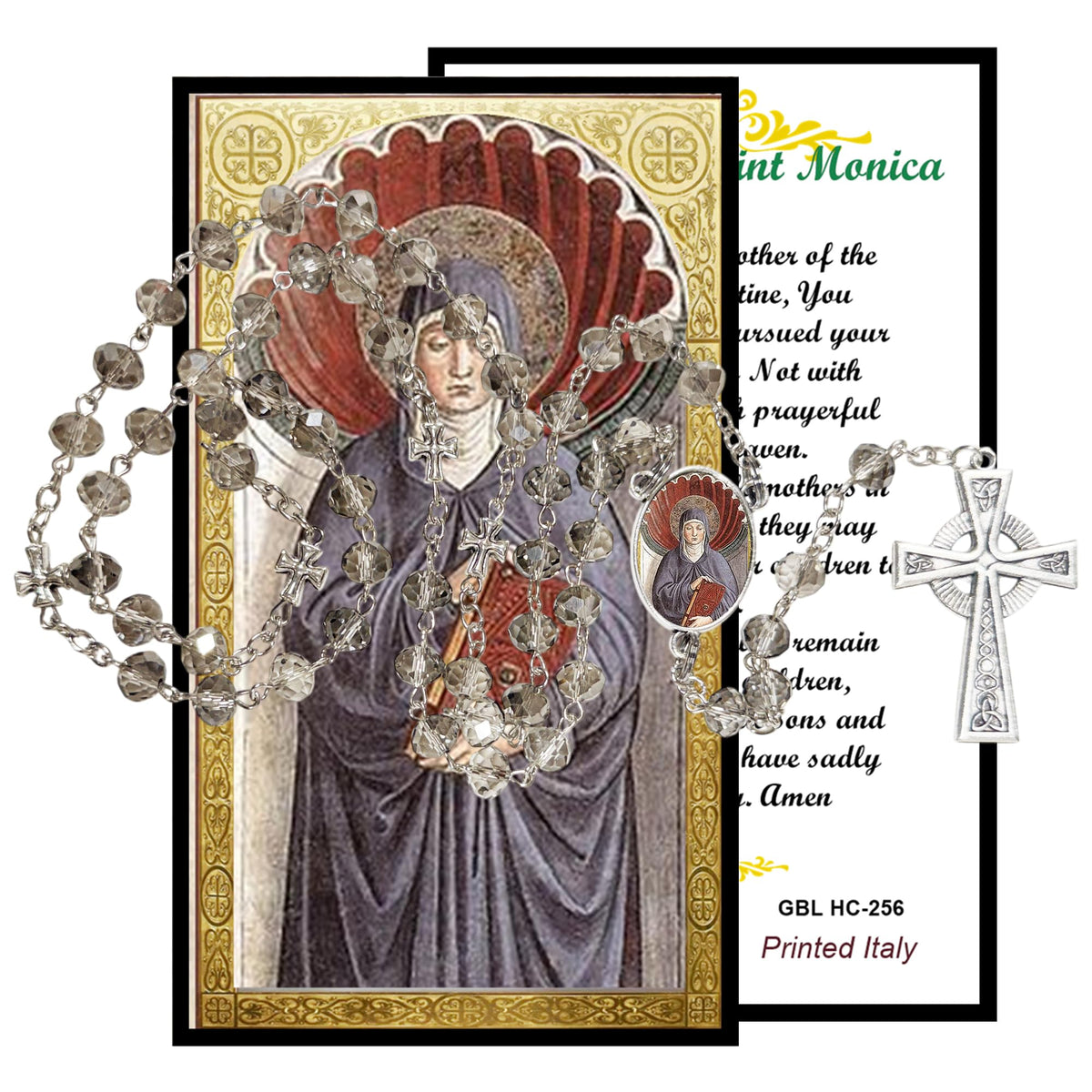 Saint Monica Patron of Wives and Abused Women Handcrafted Smoke Quartz Crystal Rosary with Silver‑Plated Crucifix and Color Image Centerpiece Cross Pater Nosters and Prayer Card Included