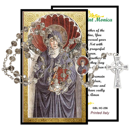 Saint Monica Patron of Wives and Abused Women Handcrafted Smoke Quartz Crystal Rosary with Silver‑Plated Crucifix and Color Image Centerpiece Cross Pater Nosters and Prayer Card Included