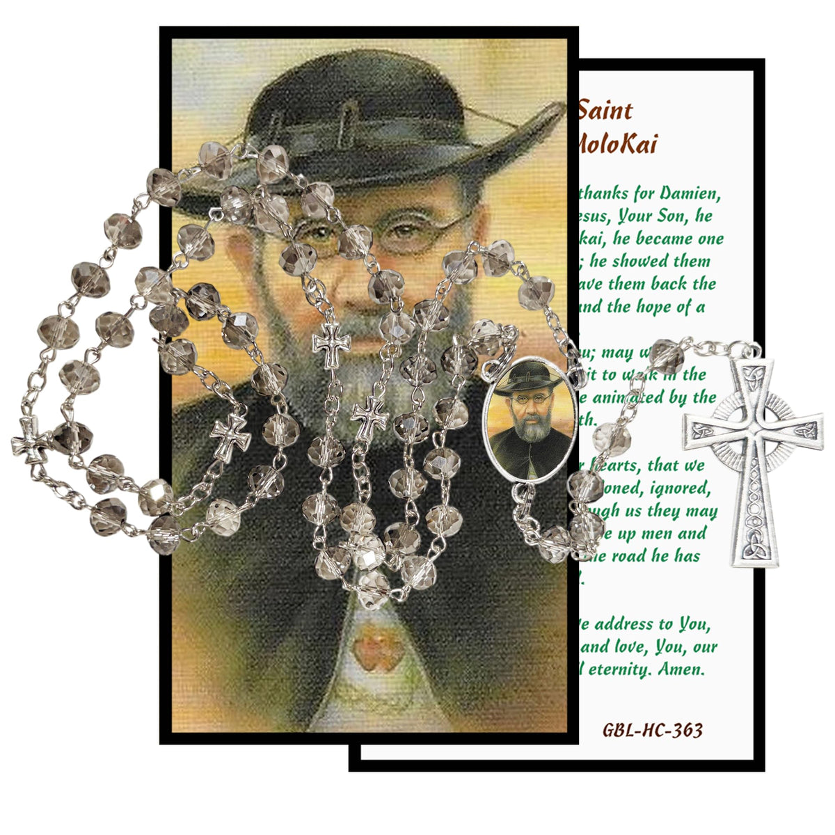 Saint Damien of Molokai Father Damien Handcrafted Smoke Quartz Crystal Rosary with Silver‑Plated Crucifix and Color Image Centerpiece – Cross Pater Nosters and Prayer Card Included