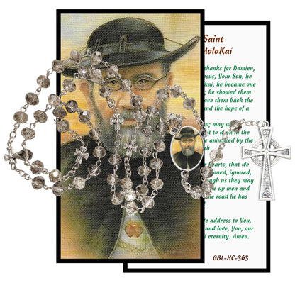 Saint Damien of Molokai Father Damien Handcrafted Smoke Quartz Crystal Rosary with Silver‑Plated Crucifix and Color Image Centerpiece – Cross Pater Nosters and Prayer Card Included