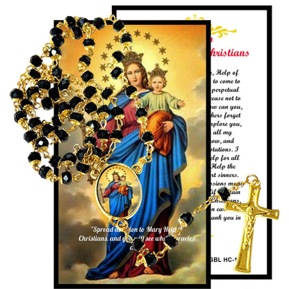 Mary Help of Christian Workers Handcrafted rosary jet black quartz capped beads gold plated findings, crucifix, medal centerpiece with color image and a prayer card