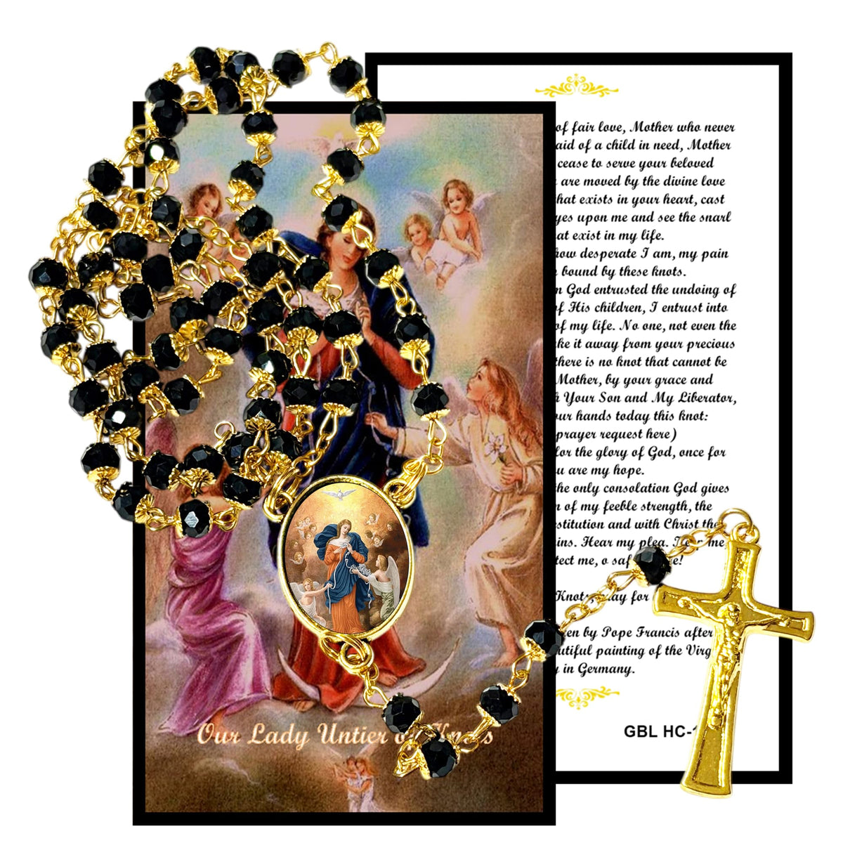 Our Lady Untier of Knots Handcrafted rosary jet black quartz capped beads gold plated findings, crucifix, medal centerpiece with color image and a prayer card