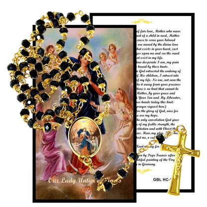 Our Lady Untier of Knots Handcrafted rosary jet black quartz capped beads gold plated findings, crucifix, medal centerpiece with color image and a prayer card