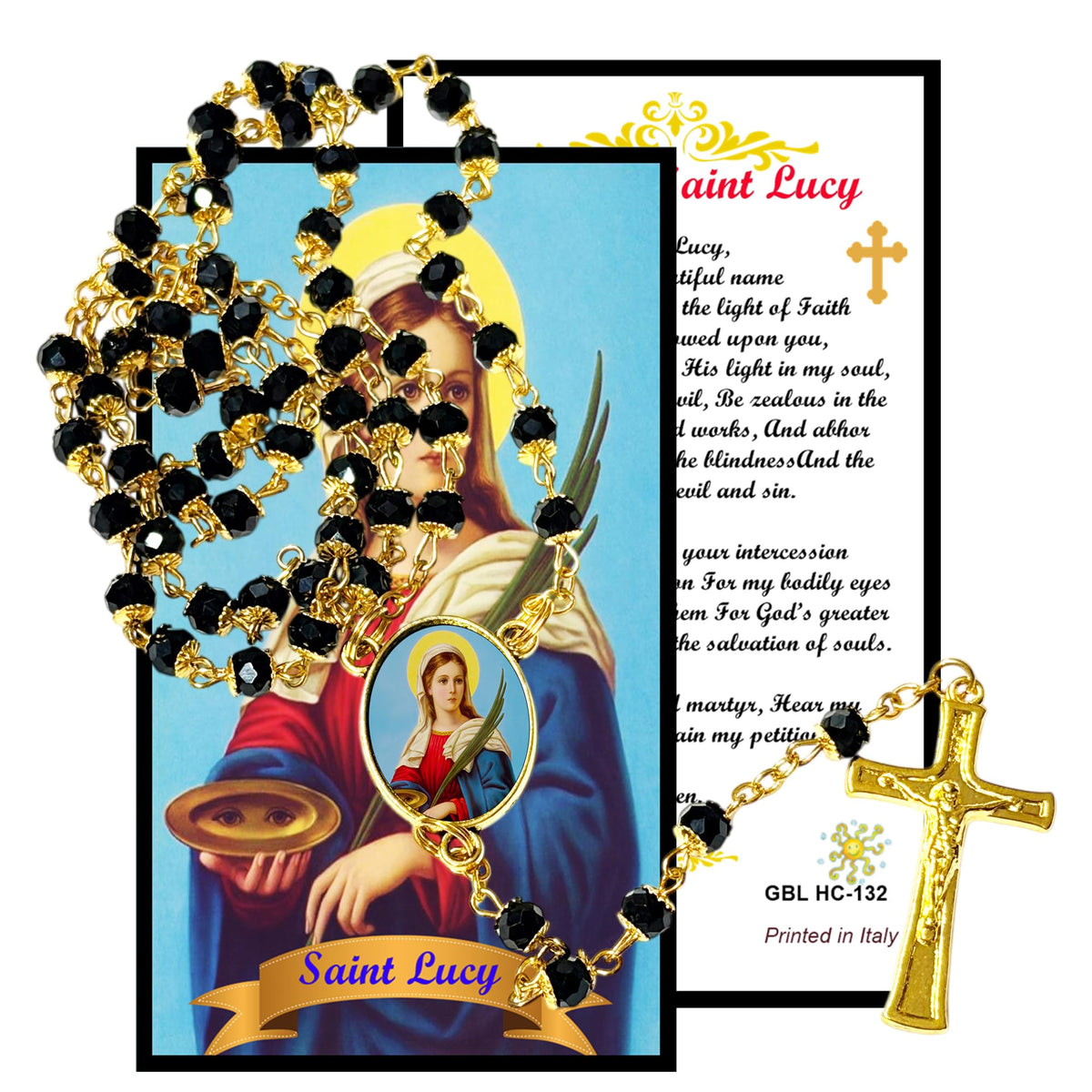 Saint Lucy Patron of Eyes and Eyes Diseases Handcrafted rosary jet black quartz capped beads gold plated findings, crucifix, medal centerpiece with color image and a prayer card