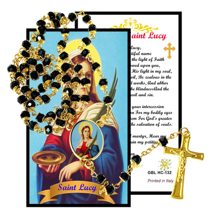 Saint Lucy Patron of Eyes and Eyes Diseases Handcrafted rosary jet black quartz capped beads gold plated findings, crucifix, medal centerpiece with color image and a prayer card
