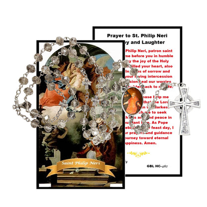 Saint Philip Neri is the Patron of joy, humor, comedians and artists Handcrafted Smoke Quartz Crystal Rosary with Silver‑Plated Crucifix and Color Image Centerpiece Cross Pater Nosters and Prayer Card Included