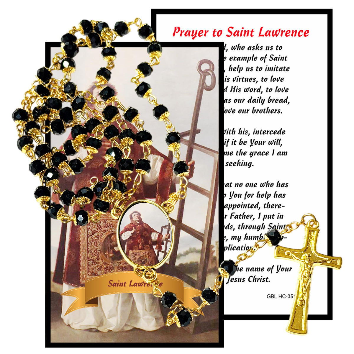 Saint Lawrence Patron Saint of Cooks and Chefs Handcrafted rosary jet black quartz capped beads gold plated findings, crucifix, medal centerpiece with color image and a prayer card