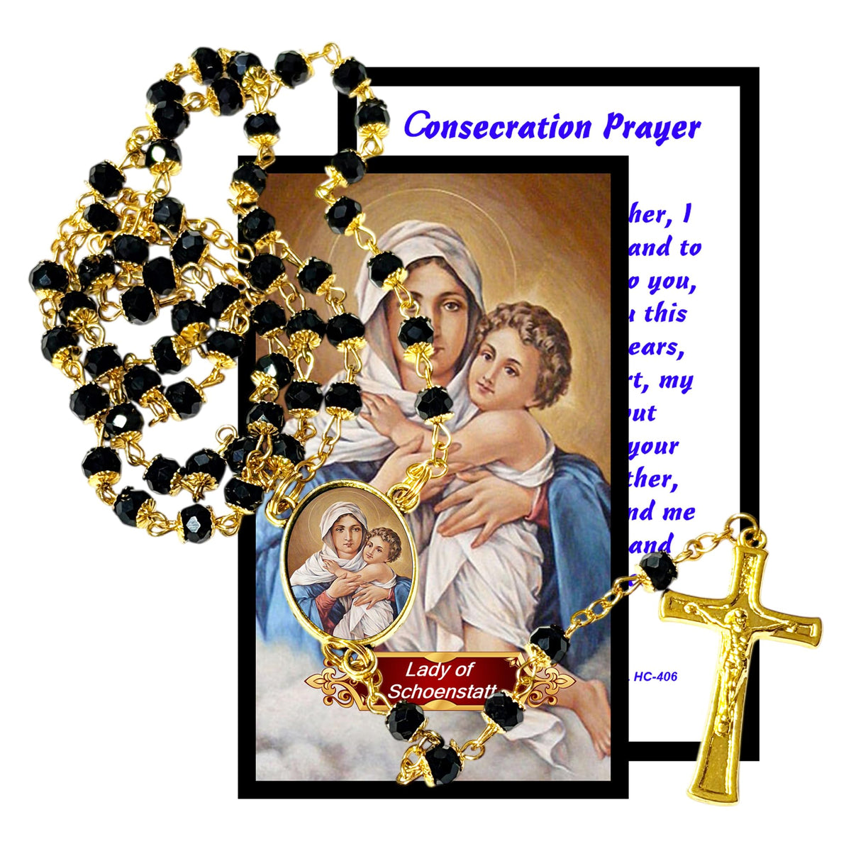 Our Lady of Schoenstatt Queen and Victress of Schoenstatt Handcrafted rosary jet black quartz capped beads gold plated findings, crucifix, medal centerpiece with color image and a prayer card