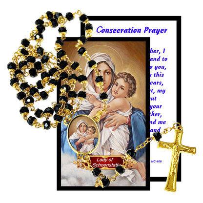 Our Lady of Schoenstatt Queen and Victress of Schoenstatt Handcrafted rosary jet black quartz capped beads gold plated findings, crucifix, medal centerpiece with color image and a prayer card