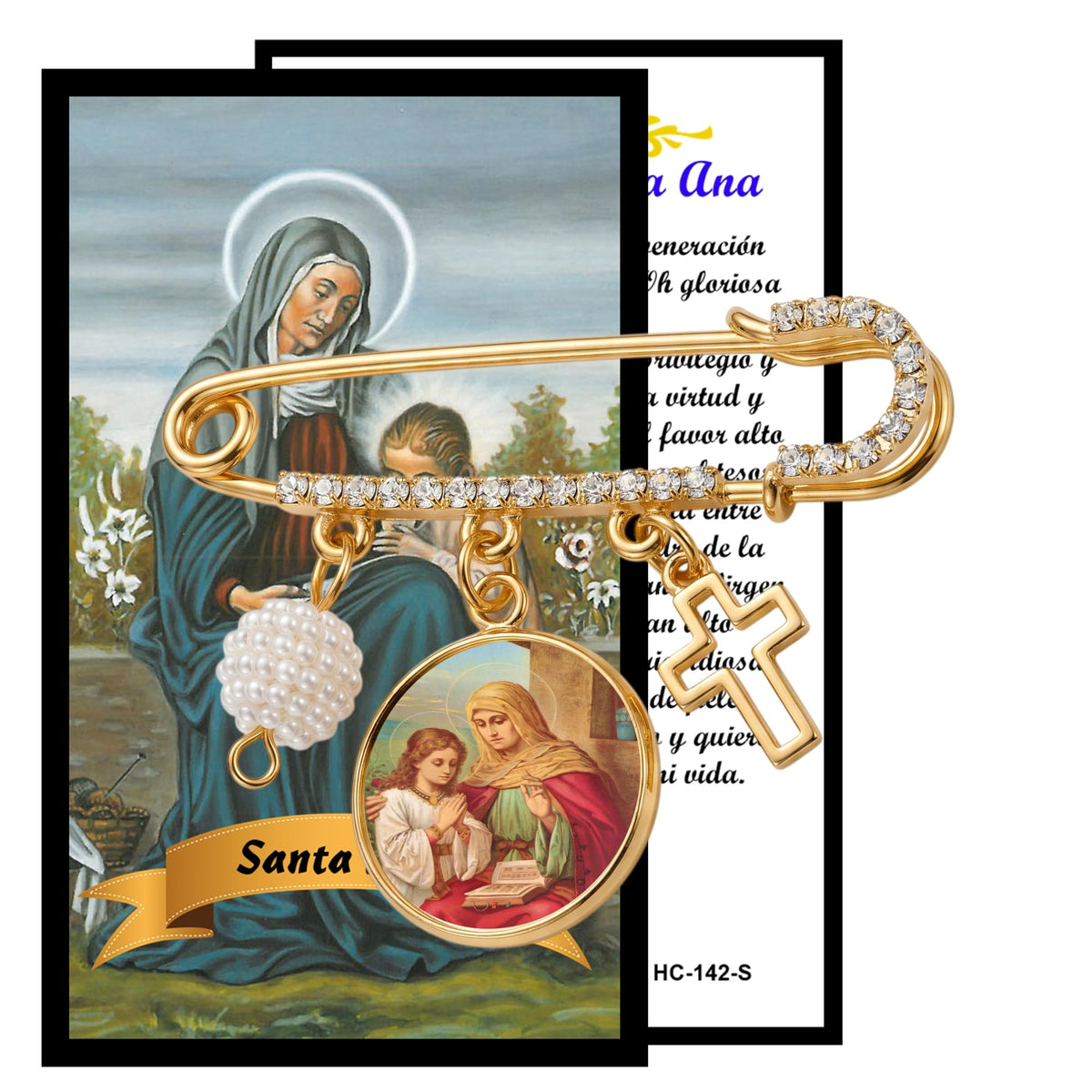 Saint Anne Patron of Grandmothers Gold-Tone Safety Pin Brooch with Saint Medal Cross Charm Pearl Accent and Crystal Details Inspirational Religious Faith Pin