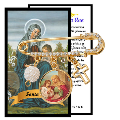 Saint Anne Patron of Grandmothers Gold-Tone Safety Pin Brooch with Saint Medal Cross Charm Pearl Accent and Crystal Details Inspirational Religious Faith Pin