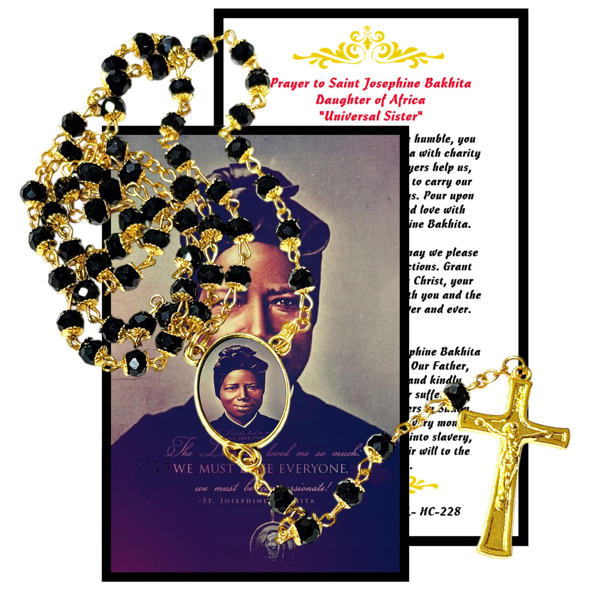 Saint Josephine Bakhita Daughter of Africa Handcrafted rosary jet black quartz capped beads gold plated findings, crucifix, medal centerpiece with color image and a prayer card IN ENGLISH