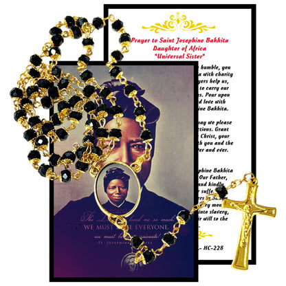 Saint Josephine Bakhita Daughter of Africa Handcrafted rosary jet black quartz capped beads gold plated findings, crucifix, medal centerpiece with color image and a prayer card IN ENGLISH