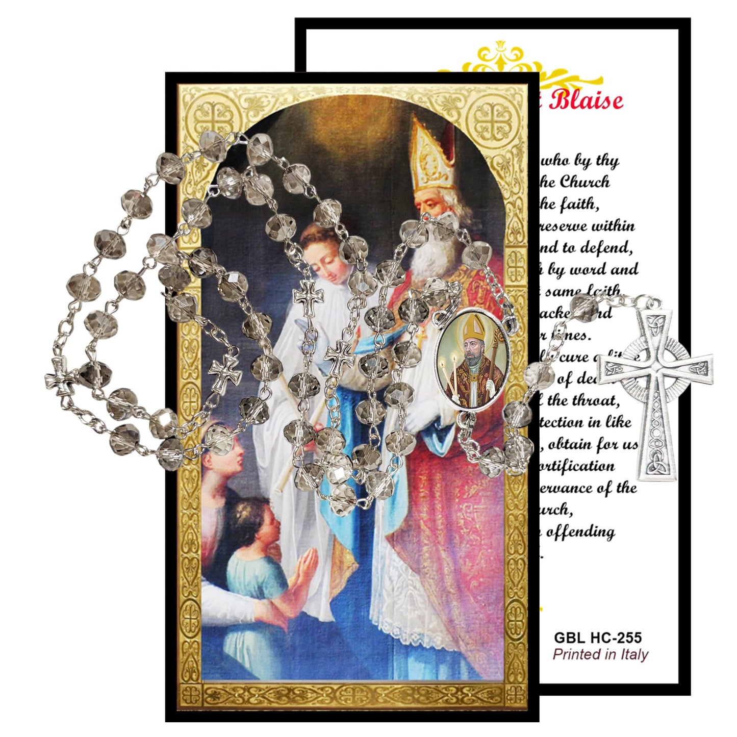 Saint Blaise Patron of Those with Throat Ailments Handcrafted Smoke Quartz Crystal Rosary with Silver‑Plated Crucifix and Color Image Centerpiece – Cross Pater Nosters and Prayer Card Included